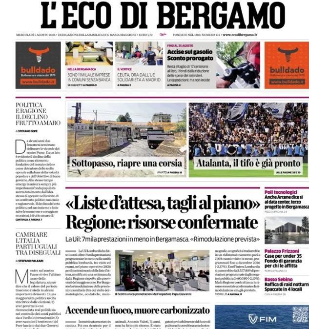 PRIMA PAGINA - L'Eco di Bergamo: "Atalanta, il tifo è già pronto"