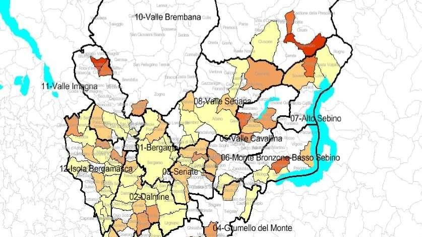 Gli incrementi dei nuovi casi, comune per comune, negli ultimi 7gg nella Bergamasca. 152 Comuni con zero casi