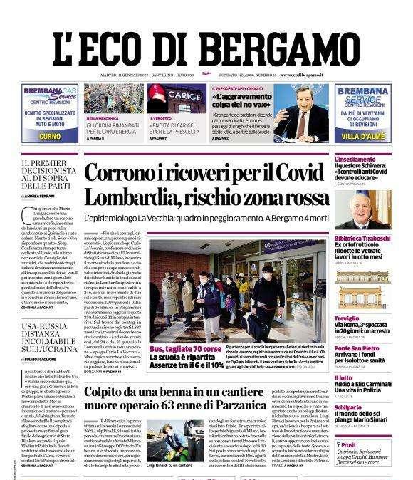 L'Eco di Bergamo: "Corrono i ricoveri per il Covid. Lombardia, rischio zona rossa"