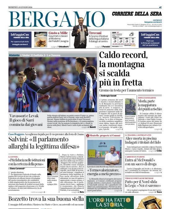 PRIMA PAGINA - Corriere di Bergamo: "Vavassori e Levak. Il gioco di Sarri comincia dai giovani"