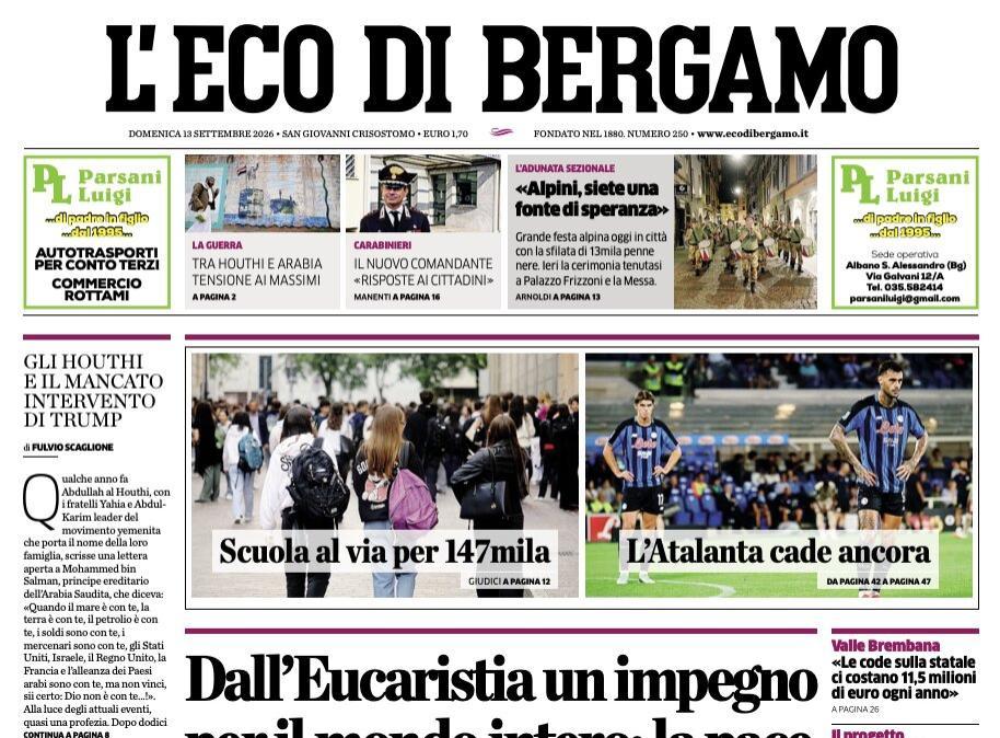 PRIMA PAGINA – L'Eco di Bergamo: "L'Atalanta cade ancora"