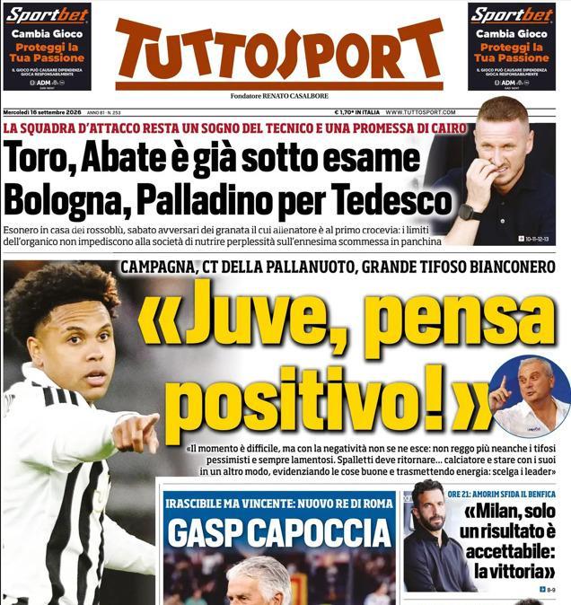 PRIMA PAGINA - Tuttosport: "Juve, pensa positivo!"