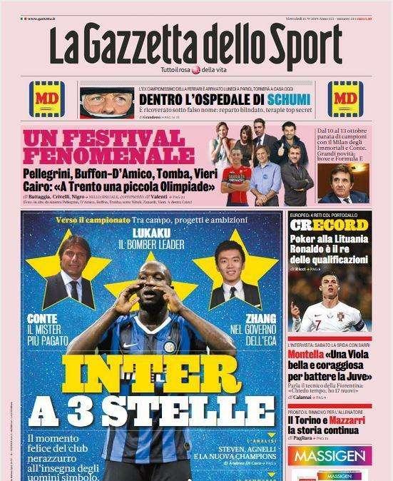 L'apertura de La Gazzetta dello Sport: "Inter a 3 stelle"