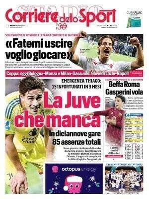 Il Corriere dello Sport apre con l'emergenza infortuni bianconera: "La Juve che manca"