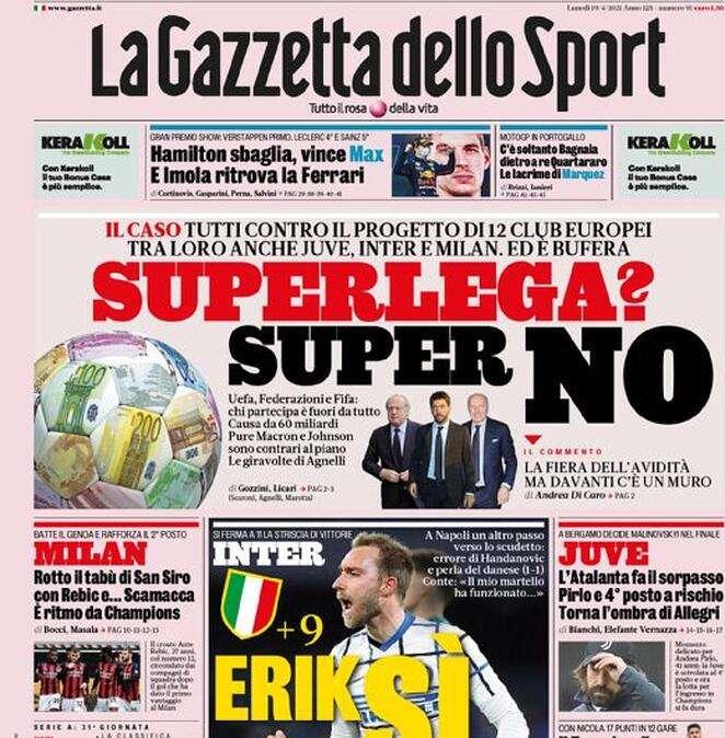 L'apertura de La Gazzetta dello Sport: "Superlega? Super No"