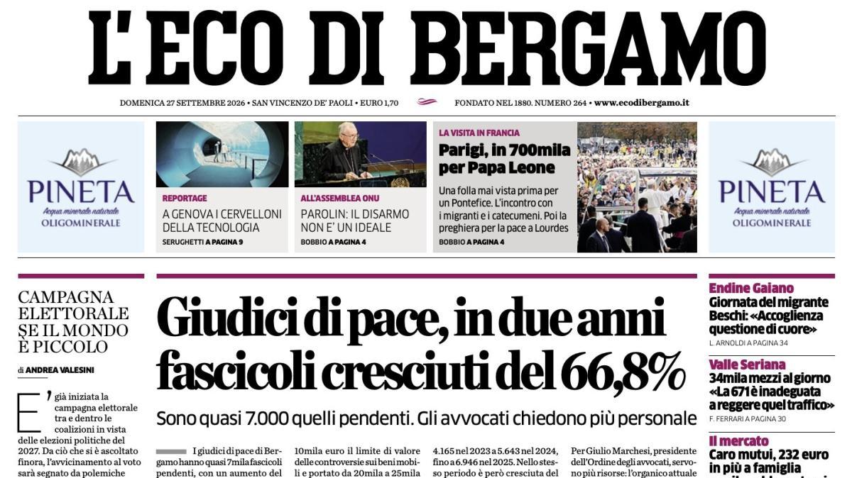 PRIMA PAGINA – L'Eco di Bergamo: "Giudici di pace, in due anni fascicoli cresciuti del 66,8%"
