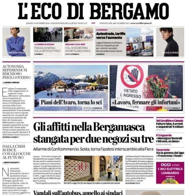 Eco di Bergamo in prima pagina: "L'Atalanta a Cagliari per confermarsi capolista di Serie A".