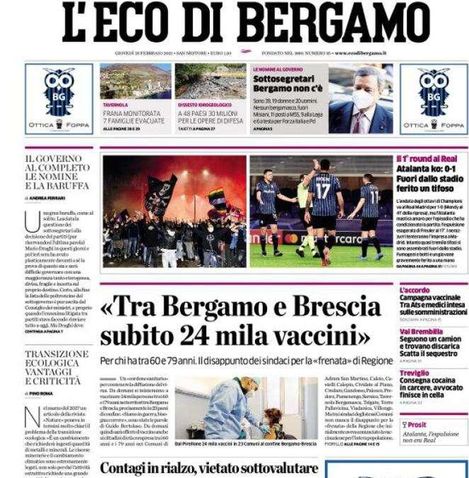 L'Eco di Bergamo: "Atalanta ko: 0-1. Fuori dallo stadio ferito un tifoso"