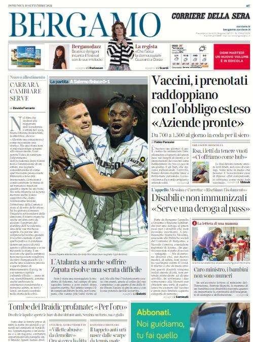 Corriere di Bergamo: "L'Atalanta sa anche soffrire, Zapata risolve una serata difficile"