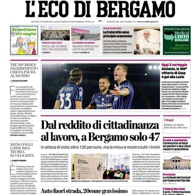 L'Eco di Bergamo sull'Atalanta: "Atalanta, la 100ª vittoria di Gasp: 4 gol alla Lazio"