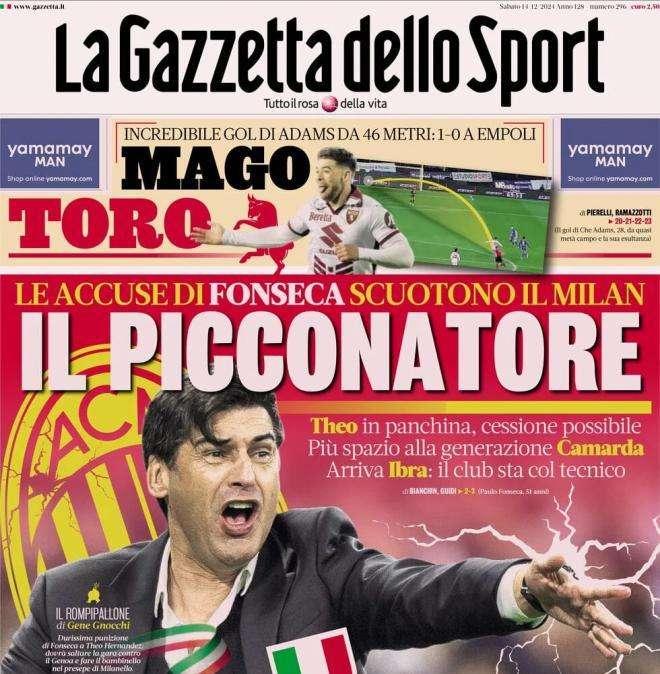 La Gazzetta dello Sport in apertura su Fonseca e il Milan: "Il picconatore"