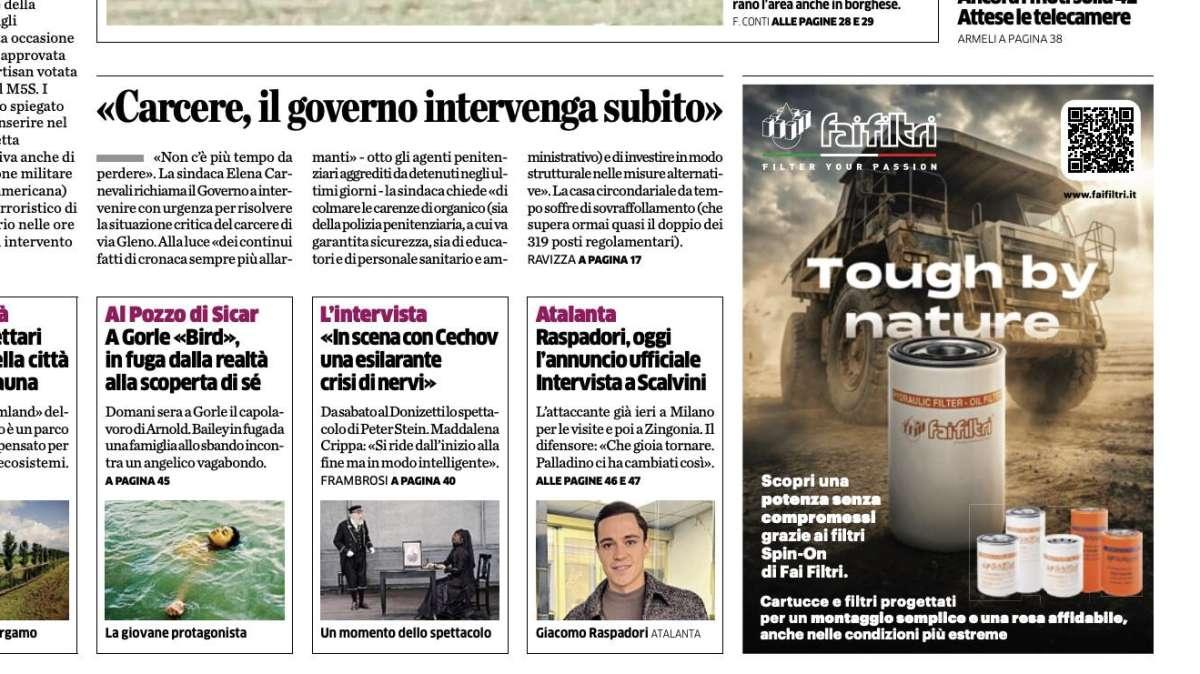 PRIMA PAGINA - L'Eco di Bergamo: "Raspadori, oggi l'annuncio ufficiale. Intervista a Scalvini"