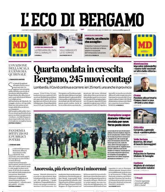Allerta Covid, L'Eco di Bergamo: "Quarta ondata in crescita, Bergamo, 245 nuovi contagi"