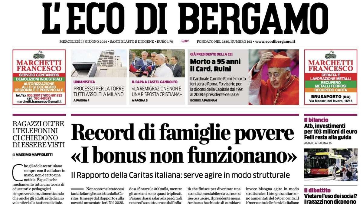 PRIMA PAGINA – L'Eco di Bergamo: "L'Atalanta di Sarri. La rivoluzione è a centrocampo"