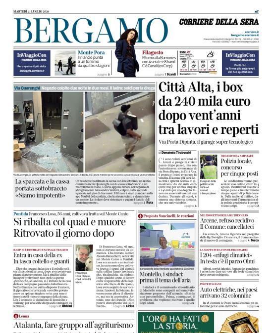 PRIMA PAGINA - Corriere di Bergamo: "Atalanta, fare gruppo all'agriturismo"