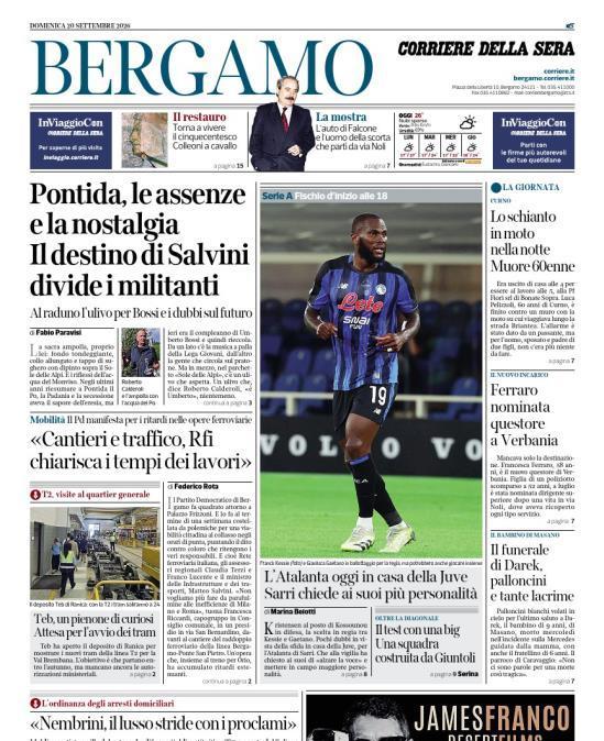 PRIMA PAGINA - Corriere di Bergamo: "L’Atalanta oggi in casa della Juve Sarri chiede ai suoi più personalità"