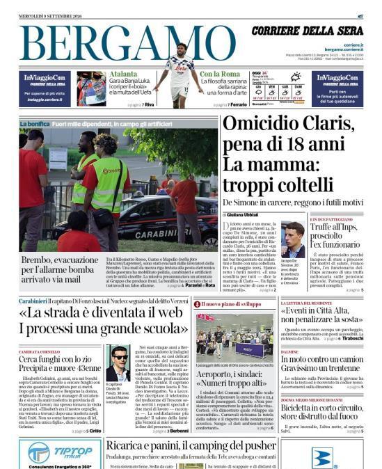 PRIMA PAGINA - Corriere di Bergamo: "Con la Roma La filosofia sarriana della rapina: una forma d’arte"