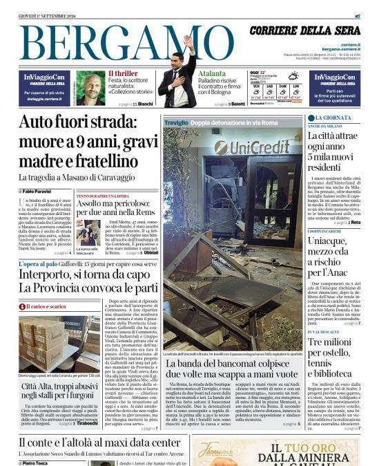 PRIMA PAGINA - Corriere di Bergamo: "Palladino risolve il contratto e firma con il Bologna"