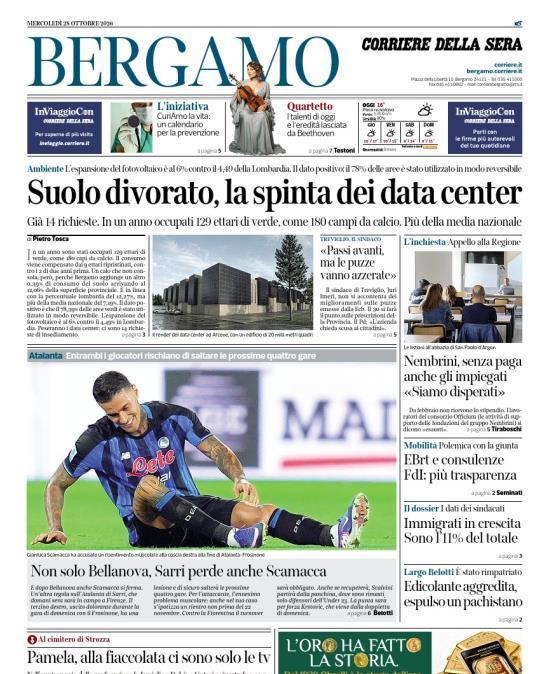 PRIMA PAGINA - Corriere di Bergamo: "Non solo Bellanova, Sarri perde anche Scamacca"