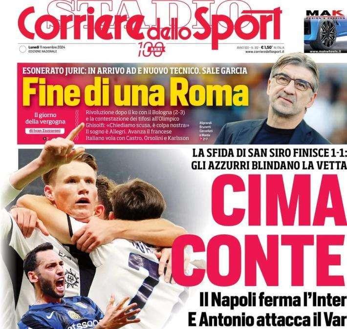 L'apertura del Corriere dello Sport dopo il pari del Napoli San Siro con l'Inter: "Cima Conte"