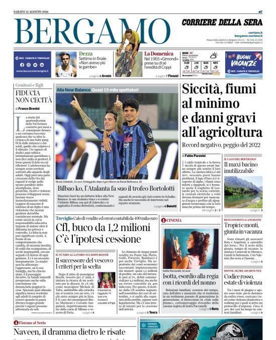 PRIMA PAGINA - Corriere di Bergamo: "Bilbao ko, l’Atalanta fa suo il trofeo Bortolotti"