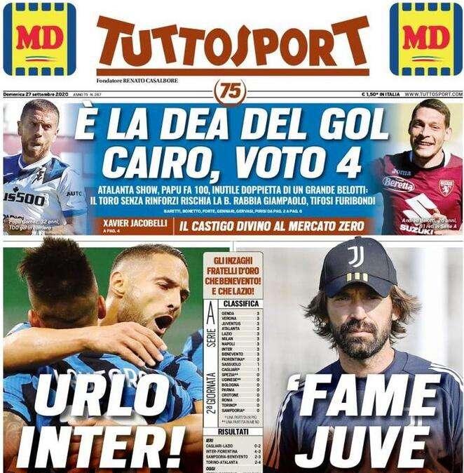 Tuttosport in apertura: "E' la Dea del gol. Cairo, voto 4"