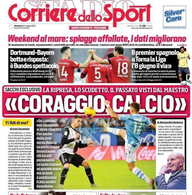 L'apertura del Corriere dello Sport con l'intervista a Sacchi: "Coraggio, calcio"