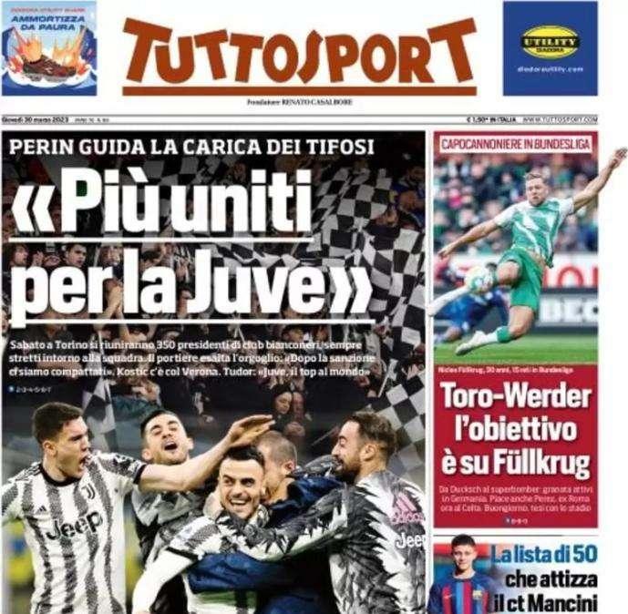 Tuttosport in apertura con le parole di Perin: "Più uniti per la Juventus"