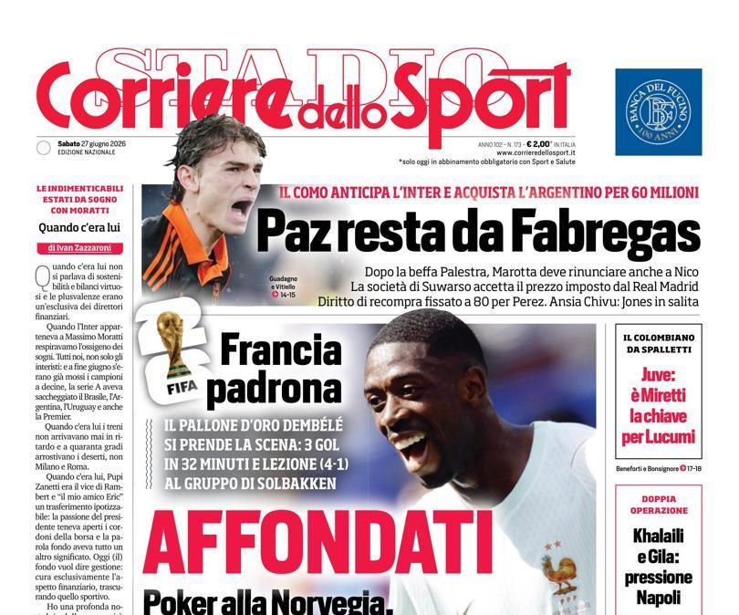 PRIMA PAGINA – Corriere dello Sport: "Paz resta da Fabregas"