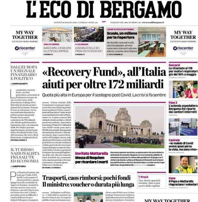 L'Eco di Bergamo: «Recovery Fund», all’Italia aiuti per oltre 172 miliardi