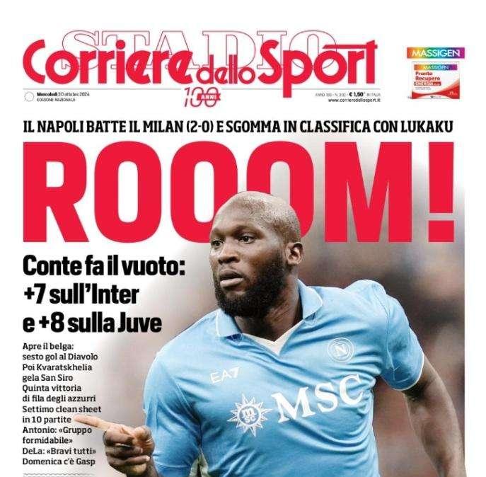 Il Corriere dello Sport in prima pagina sul Napoli che batte il Milan: "Rooom!"