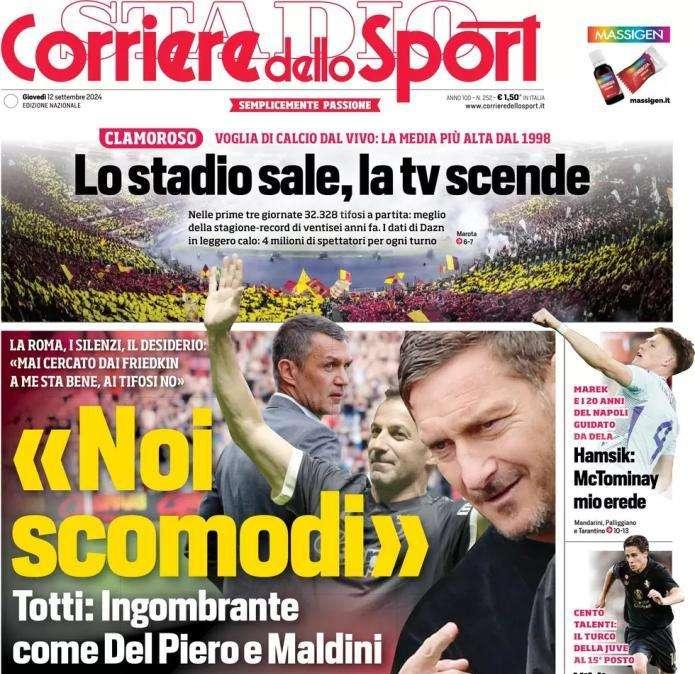 Il Corriere dello Sport in prima pagina sulle dichiarazioni di Totti: "Noi scomodi"