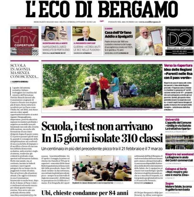 L'apertura de L'Eco di Bergamo: "Scuola, i test non arrivano. In 15 giorni isolate 310 classi"