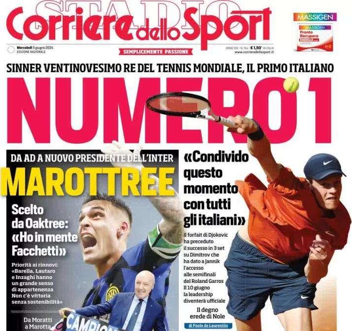 Inter, Marotta è il nuovo presidente. L'apertura del Corriere dello Sport: "Marottre"
