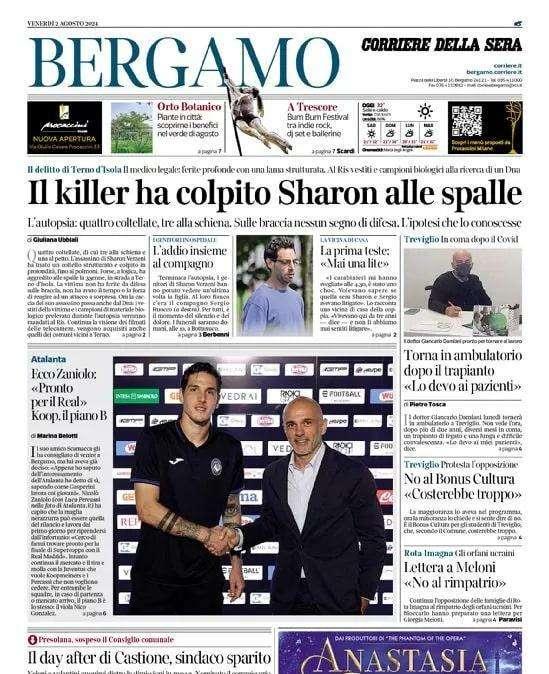Il Corsera di Bergamo apre con l'Atalanta: "Zaniolo: 'Pronto per il Real'. Koop, il piano B"