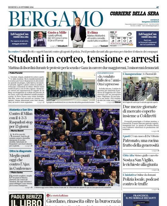 PRIMA PAGINA - Corriere di Bergamo: "Contro il Milan con il 4-3-3 / Raspadori stop per 15 giorni"