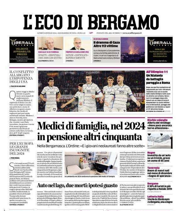 PRIMA PAGINA - L'Eco di Bergamo: "Un’Atalanta da battaglia pareggia a Roma"
