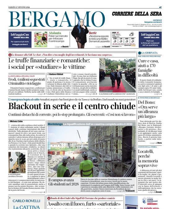 PRIMA PAGINA - Corriere di Bergamo: "Atalanta, Poker sul mercato per rinforzare il centrocampo"