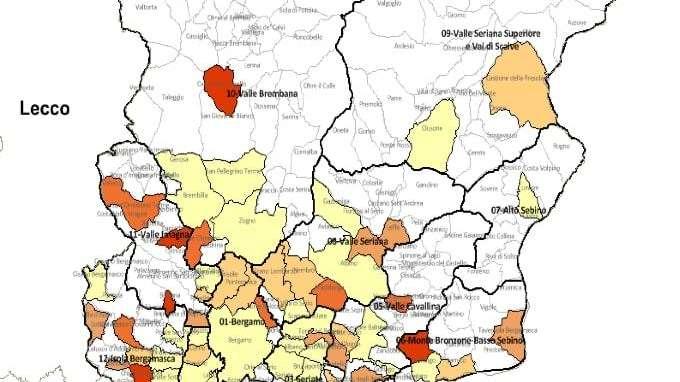 Gli incrementi dei nuovi casi, comune per comune, negli ultimi 7gg nella Bergamasca. 155 Comuni con zero casi 