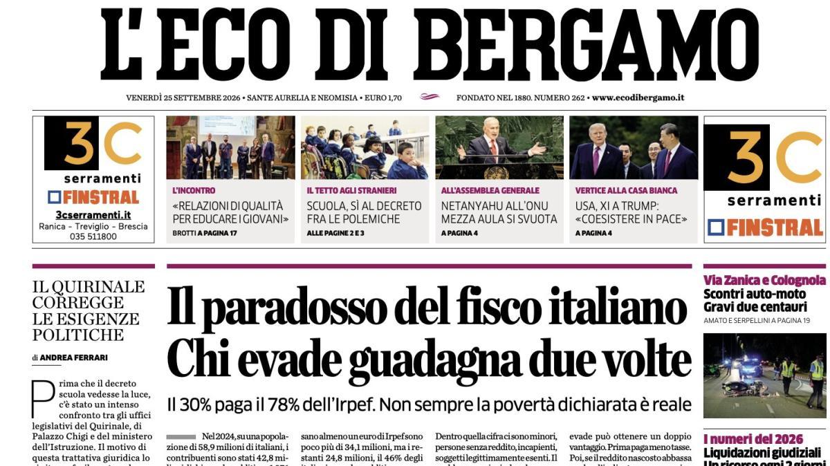 PRIMA PAGINA – L'Eco di Bergamo: "Il paradosso del fisco italiano Chi evade guadagna due volte"