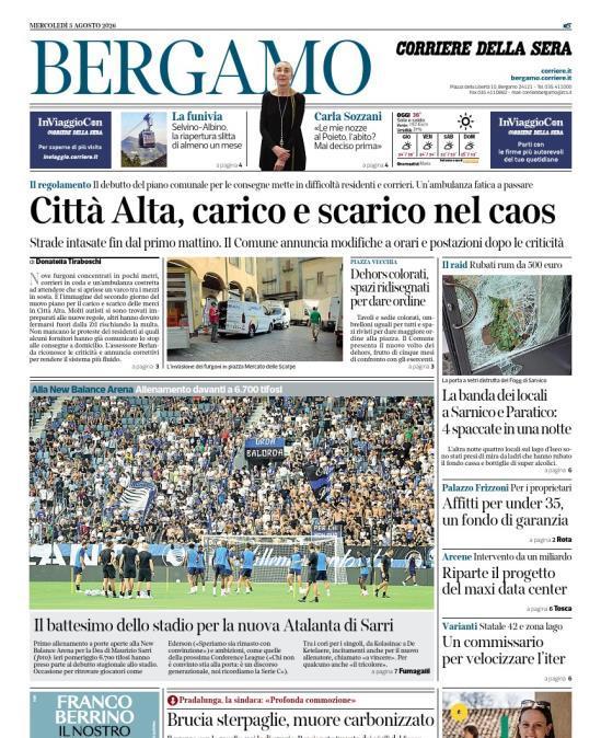 PRIMA PAGINA - Corriere di Bergamo: "Il battesimo dello stadio perla nuova Atalanta di Sarri"
