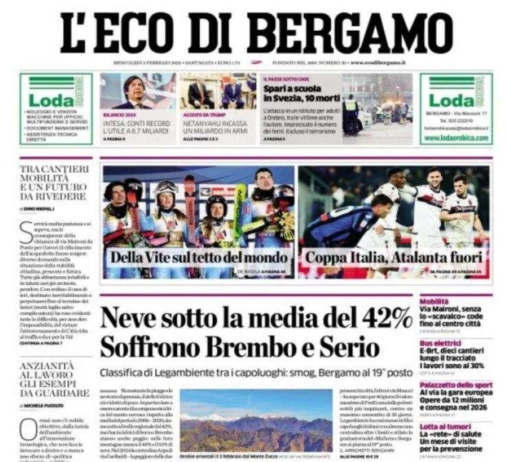 L'Eco di Bergamo in prima pagina titola: "Coppa Italia, Atalanta fuori"