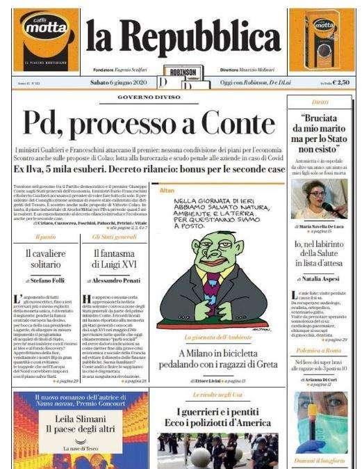 L'apertura de la Repubblica: "Pd, processo a Conte"