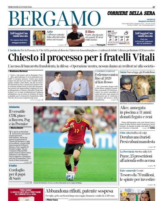 PRIMA PAGINA - Corriere di Bergamo: "Il versatile CDK piace a Bayern, Psg e in Premier"