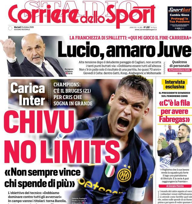 PRIMA PAGINA - Corriere dello Sport: "Lucio, amaro Juve"