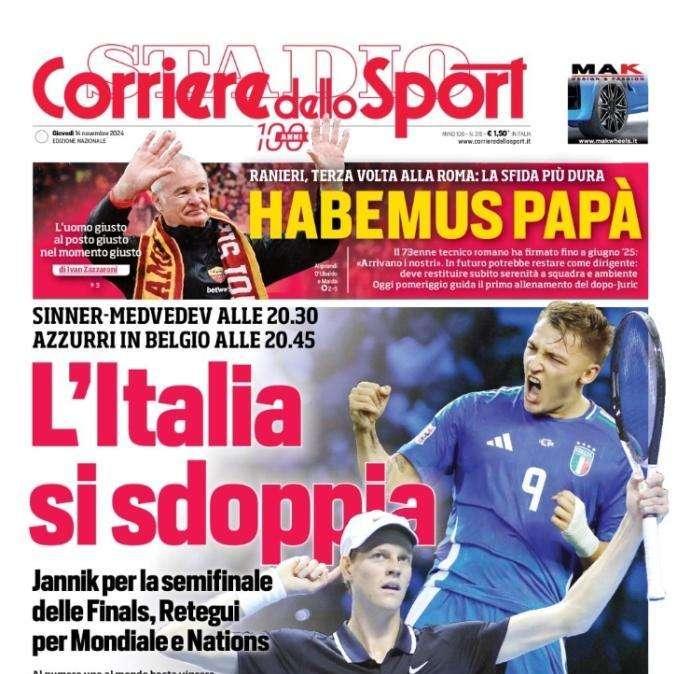 Il Corriere dello Sport apre: "L'Italia si sdoppia". In campo azzurri e Sinner