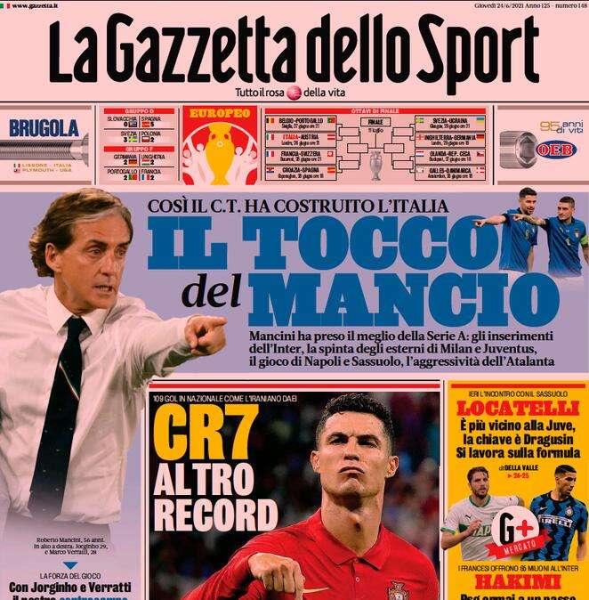 L'apertura odierna de La Gazzetta dello Sport: "Il tocco del Mancio"
