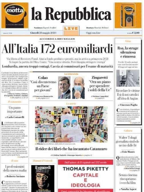 L'apertura de La Repubblica: "All'Italia 172 euromiliardi"