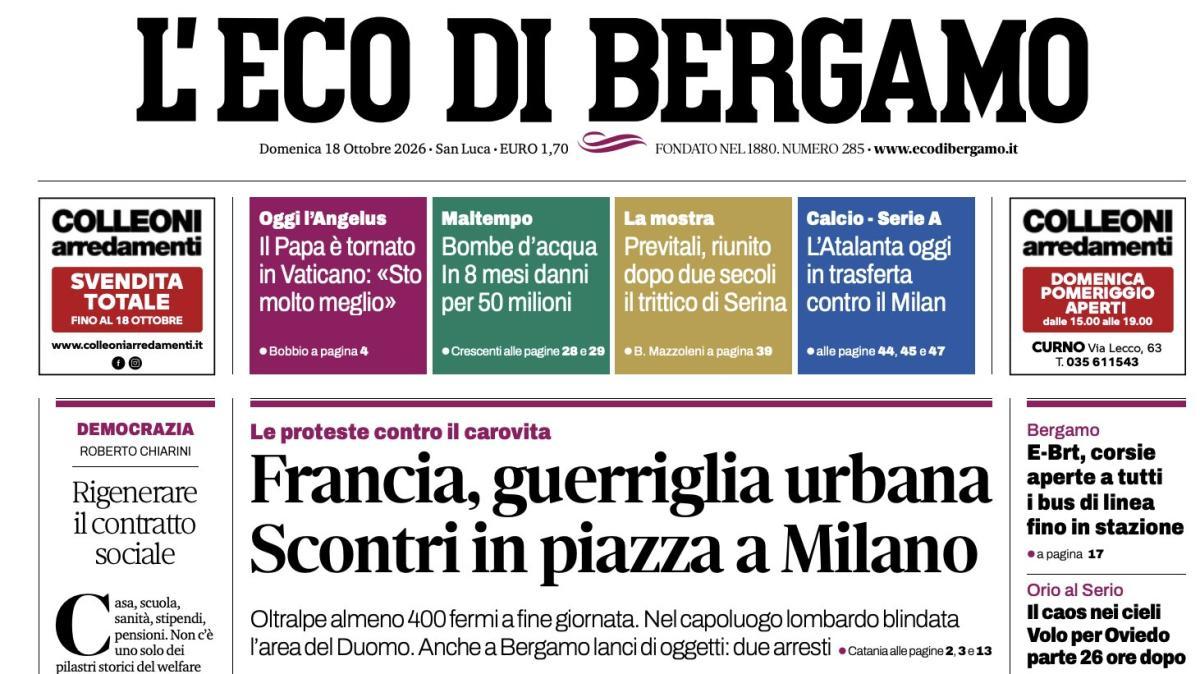 PRIMA PAGINA – L'Eco di Bergamo: "L'Atalanta oggi in trasferta contro il Milan"