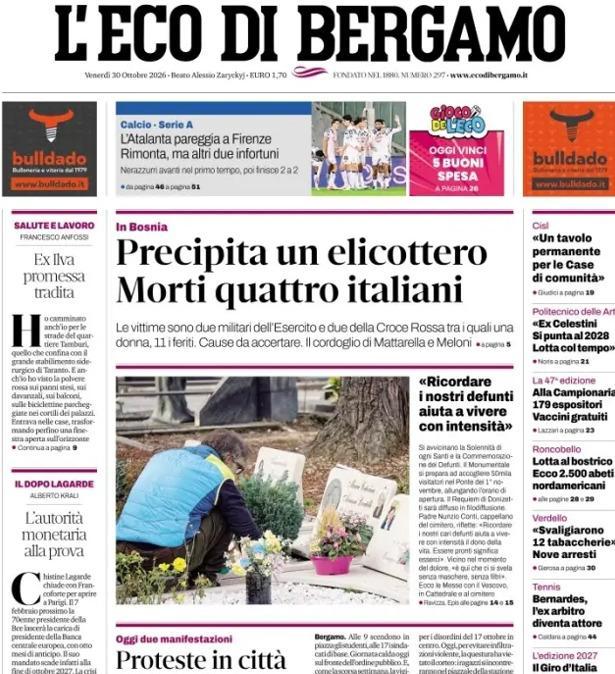 PRIMA PAGINA - L'Eco di Bergamo: "L'Atalanta pareggia a Firenze. Rimonta, ma altri due infortuni"